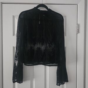 Bar III Black Sheer Lace Mock-Neck Blouse